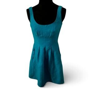 Nine West Women's Dress 6 Dark Teal Green Sleeveless Pleaded Knee Length Pockets
